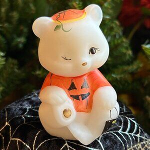 MINT Limited Edition Hand Painted Fenton Winking Halloween Bear in Pumpkin Costu